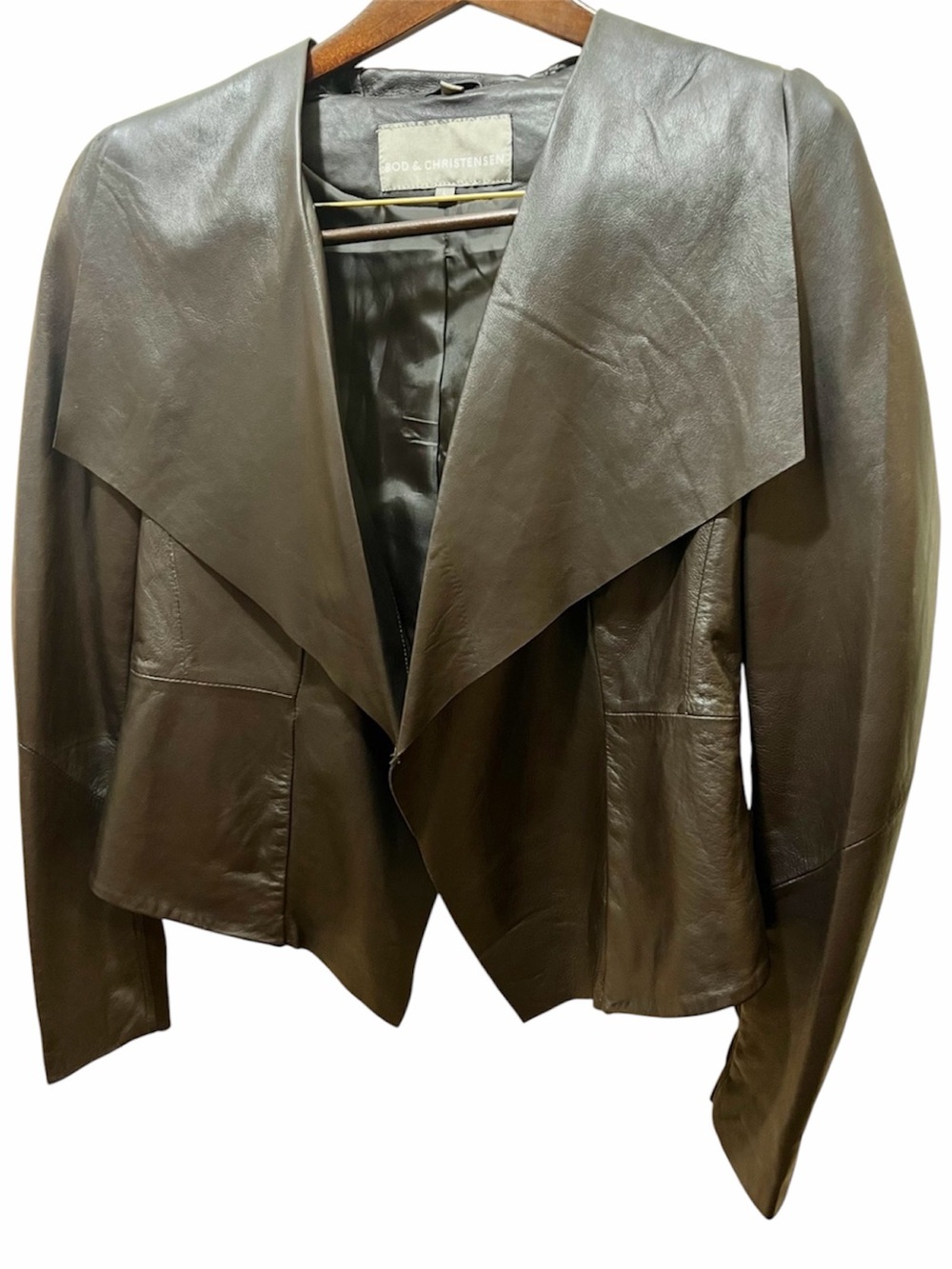 Bod & Christensen Genuine Leather Draped Waterfall Collar Jacket chocolate Brown - Picture 3 of 8